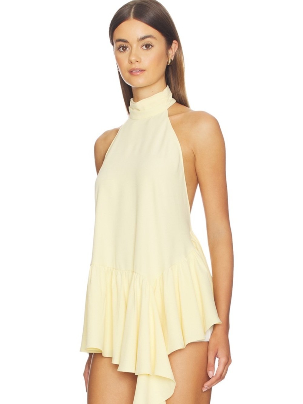 Sleeveless High Neck Ruffled Hem top Dress in Pale Yellow